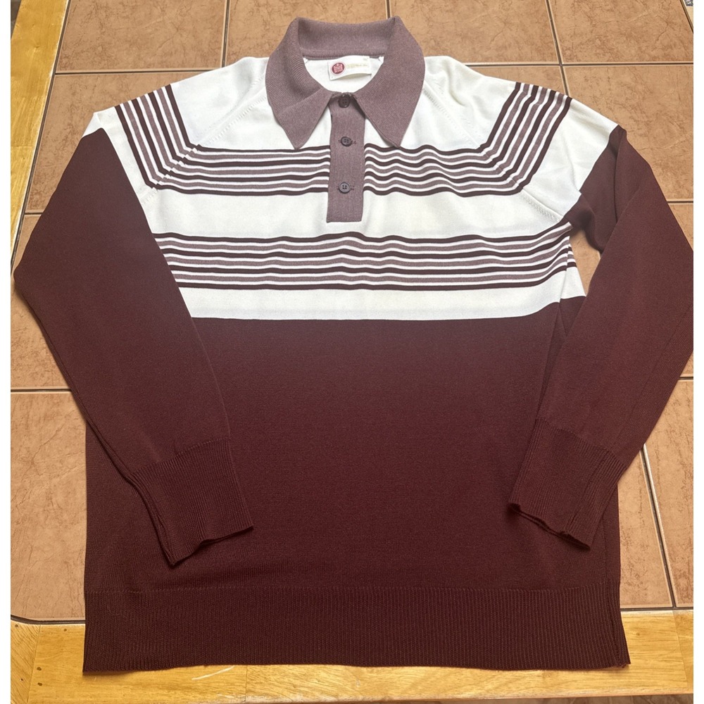 Sears Kings‎ Road Men's Vintage Brown Stripe Nylon Sweater Sz Med Dagger Collar